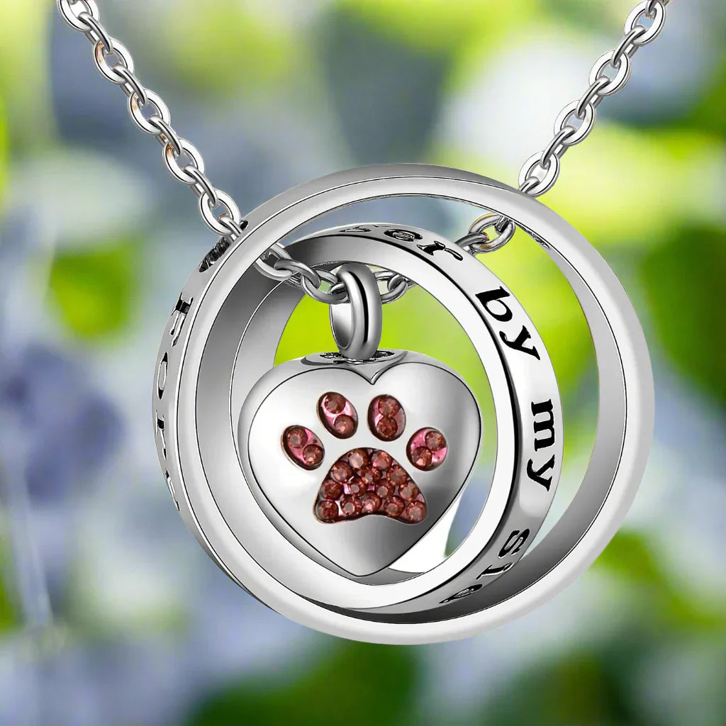 Collana con Urna in Acciaio Inossidabile a Forma di Zampa – 'Non Più Al Mio Fianco, Per Sempre Nel Mio Cuore'